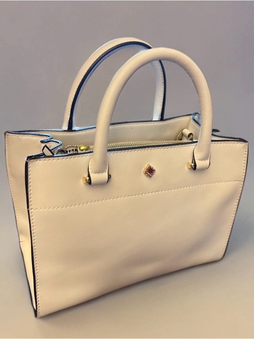 Crown & Ivy Satchel Handbag Ivory/Cream Gold Tone Structured Purse